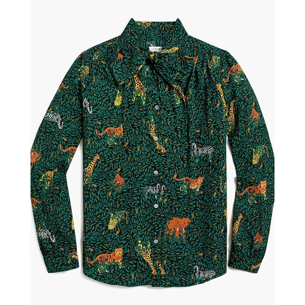 NWT J CREW Bow Top Button Shirt Women Green Animal Print Long Sleeve Sheer Silky